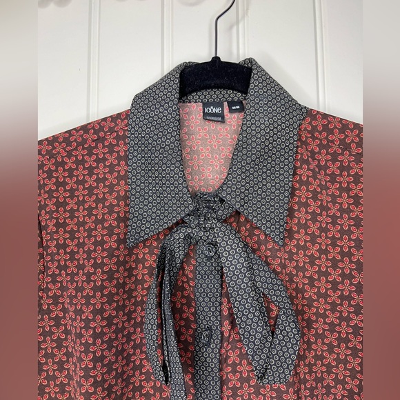 Icone by Simon’s Red and Black Printed Long Sleeves Shirt with Tie Neck, M, NWOT - Picture 2 of 8